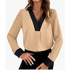 V-neck Women’s M Elegant Patchwork Dressy Long Sleeve Shirt Khaki
